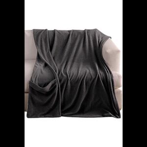 Comfort Code Marshmallow Sherpa Knit Throw Blanket w/ Pocket Charcoal